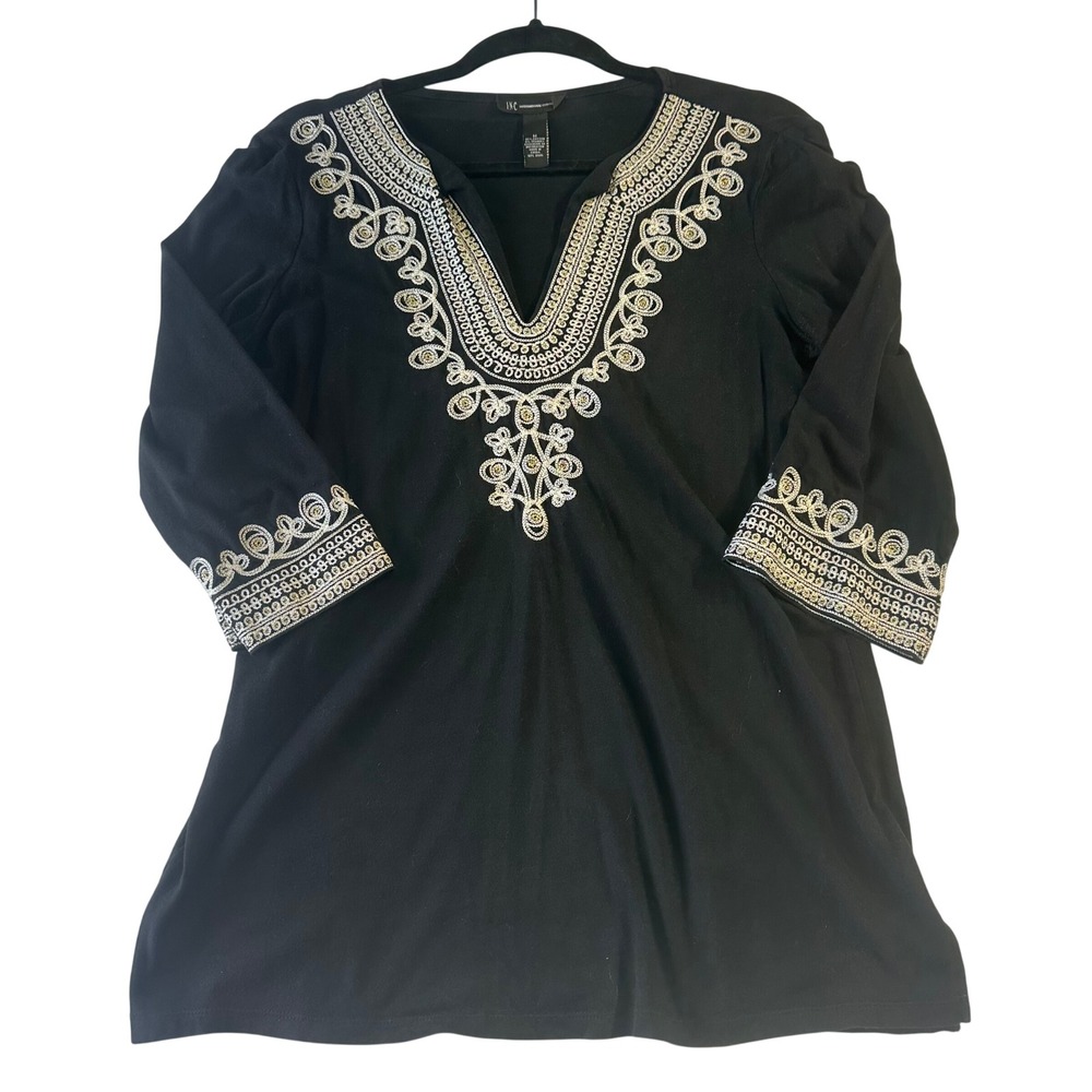 Y2K INC International Concepts Black Embroidered Tunic Top 3/4 Sleeve Size M